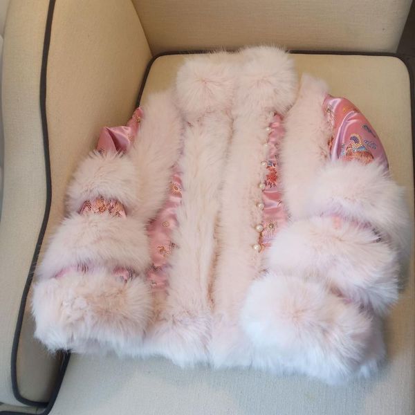 

pink fur coat 2020 new autumn winter chinese style satin pearl high waist faux fur coat thick warm luxury furry women, Black