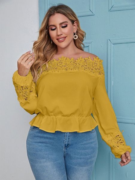 

plus solid lace trim off the shoulder ruffle trim blouse d64z#, Black