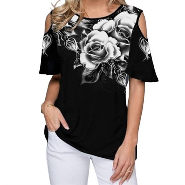 

5xl large size off shoulder ladies t shirt 2020 new summer loose female tee shirts floral print plus size women tshirt, White