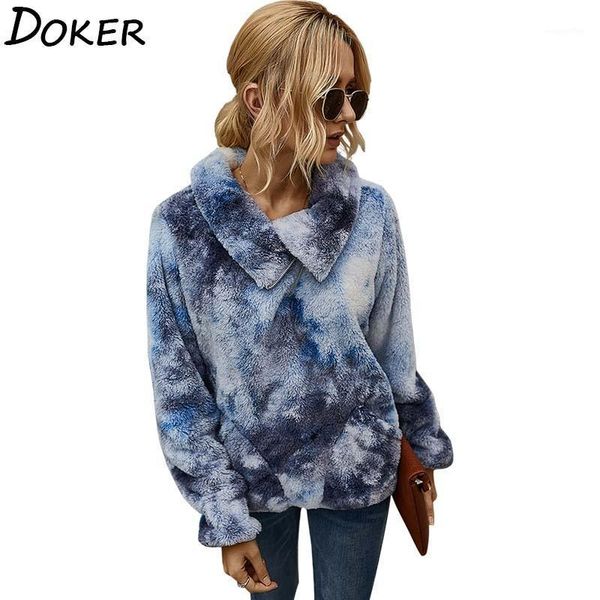 

women sweatshirt autumn winter tie dye turn down collar long sleeve fleece warm pullovers female fashion thick sweatshirts1, Black