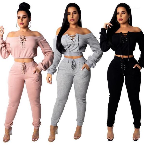 

stigende women two piece set and pants off shoulder bandage 2 piece set casual tracksuit crop trousers 2pcs outfit1, White