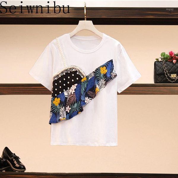

women's blouses & shirts 2021 plus size l-4xl ruffles print women t shirt short sleeve patchwork fake two pieces mujer student fashion, White