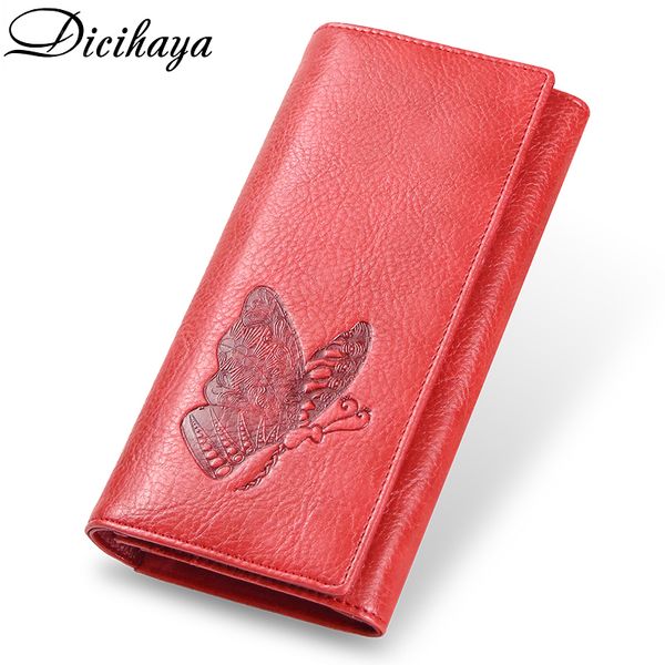 

dicihaya genuine leather women wallet long purse butterfly embossing wallets female card holders carteira feminina phone bag c1115, Red;black