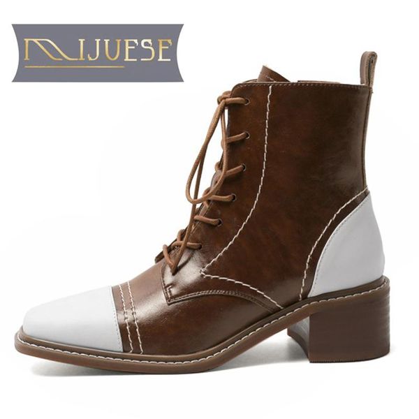 

mljuese 2021 women soft ankle boots cow leather lace up boots winter short plush square toe high heels women, Black