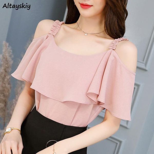 

рубашки женщины сплошные ремешки оборками большого размера шифон с коротким рукавом блузки тонкий нижний доза refular, White