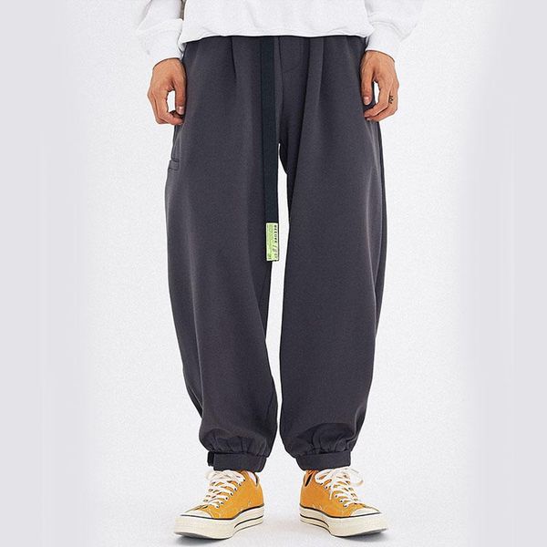 

men's pants men elastic waist belt sports casual harem male streetwear hip hop loose cotton fabric wide leg pant joggers sweatpants, Black