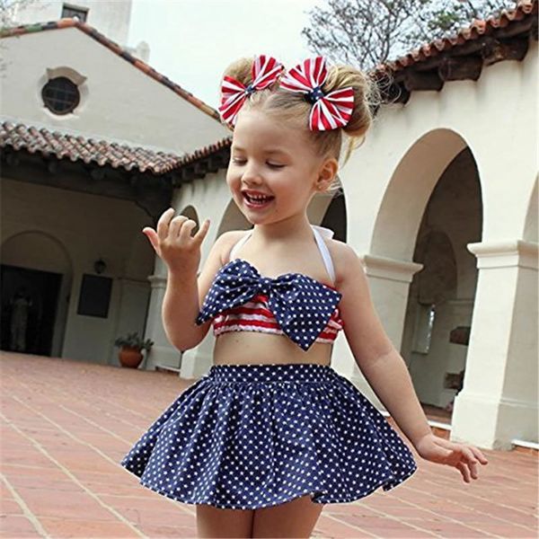 

4th of july outfit toddler girl summer cloth fashion kid off shoulder bow skirt 2pc tracksuit child boutique set american t200707, White