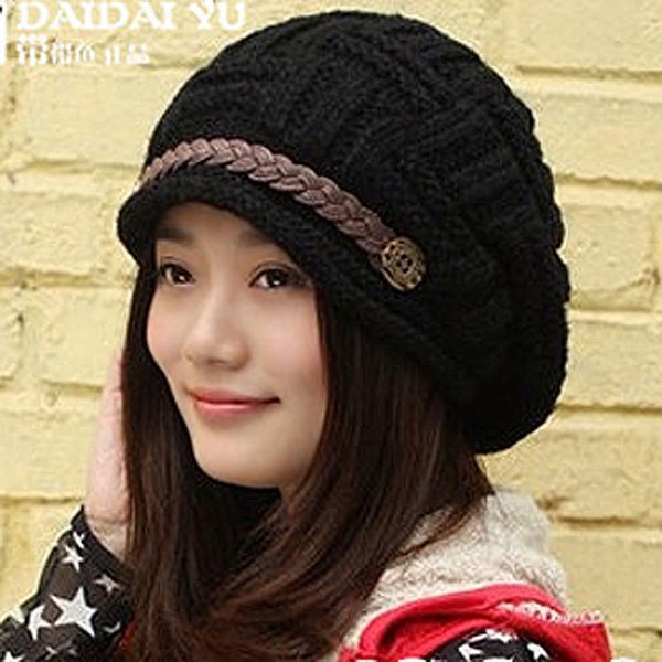 

b423 korean button curled edge autumn and winter fashion ladies warm ear care thickened knitted wool hat, Blue;gray