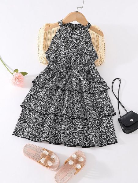 

toddler girls ditsy floral halter neck contrast piping layered hem dress she, Red;yellow
