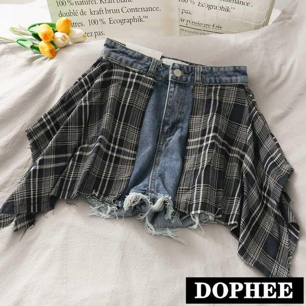 

2020 summer retro plaid stitching fake two-piece high waist jeans short pants female new loose wide leg pants irregular shorts1, White;black
