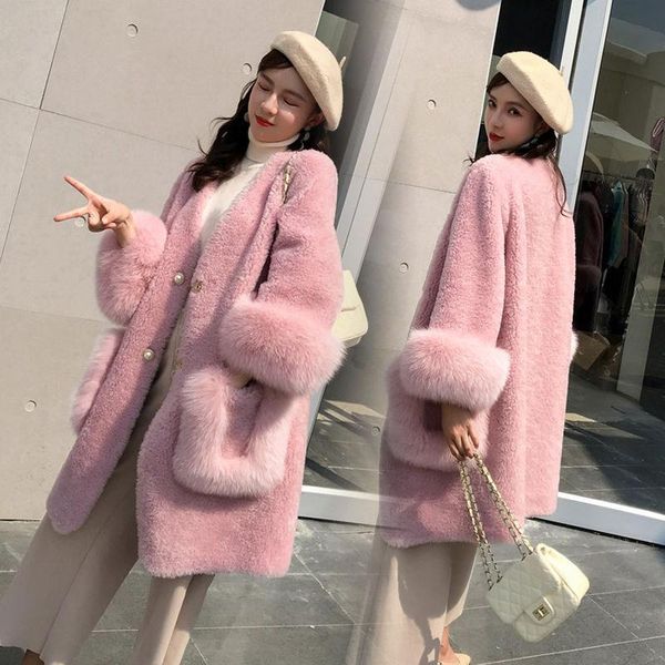 

women's fur & faux solid color women coat winter warm medium length imitation wool jk202, Black