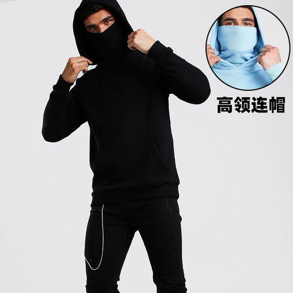 

ins autumn winter loose solid color long sleeve mask high collar hooded sweater men's pullover sports coat, Black