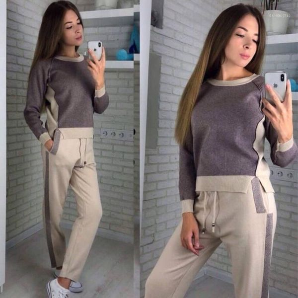 

2019 spring new women's knit 2 piece suit fashion loose sweater feet pants two-piece sportsuit female 2 piece outfits for women1, White