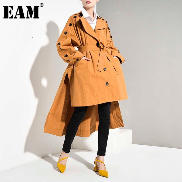 

eam] women yellow back long big size trench new lapel long sleeve loose fit windbreaker fashion spring autumn ya0520 201027, Tan;black