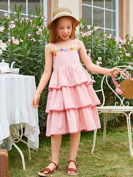 

girls appliques layered ruffle hem cami dress she, Red;yellow