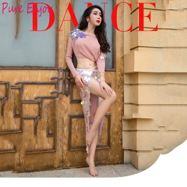 

women belly dance set long sleeves mesh sequin skirt 2pcs belly dance suit cha-cha rumba practice clothes1, Black;red