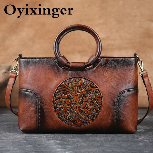 

oyixinger women's handbag new retro handmade embossed shoulder bag for women leather messenger bags large capacity c0121
