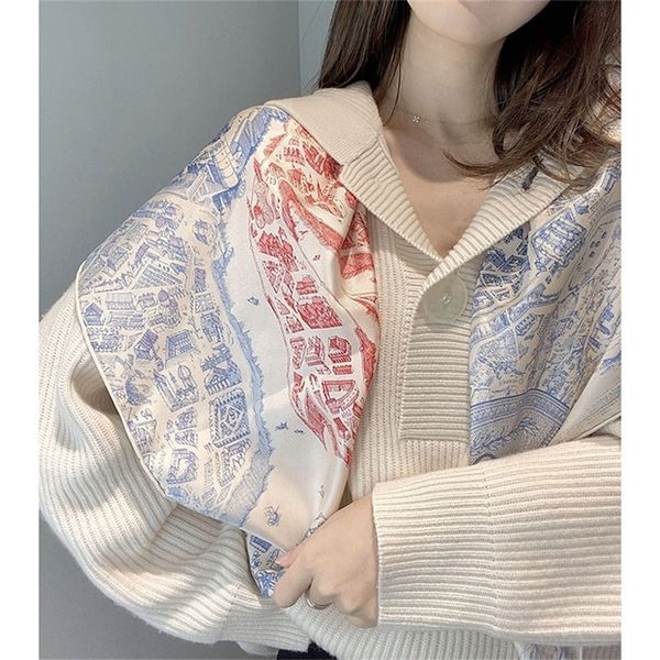 

6 colors 100% silk scarf shawl for women ladies fashion spring scarves foulard "city of horses" y201007, Blue;gray