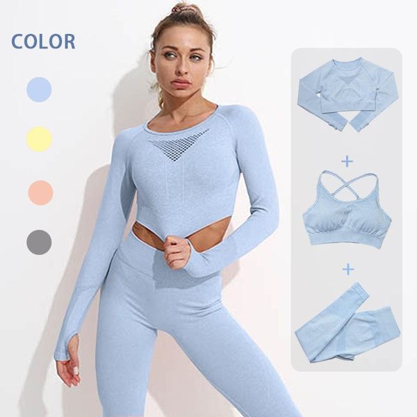 

2/3pcs seamless women yoga set workout sportswear gym clothing fitness long sleeve crop high waist leggings sports suits, White;red