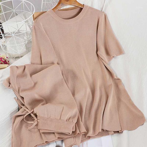 

deat 2020 summer knitting suit women short sleeve long wide leg pants two piece set mj0081, White