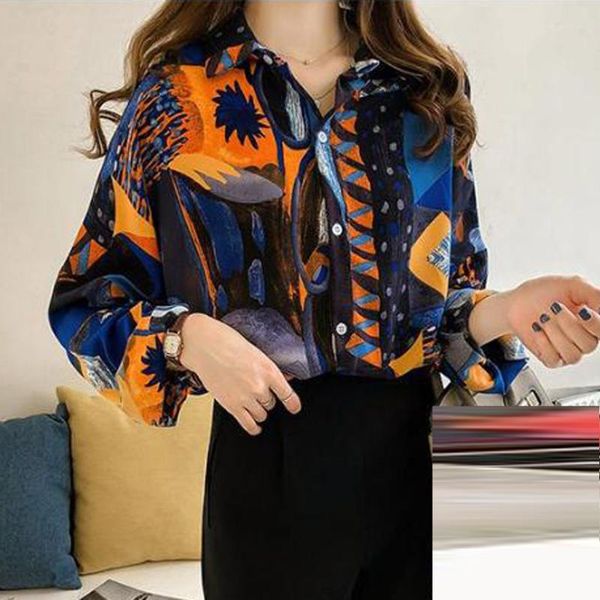 

women's blouses & shirts women with printed long sleeve turn-down collar loose button camisas mujer blouse chemise femme, White