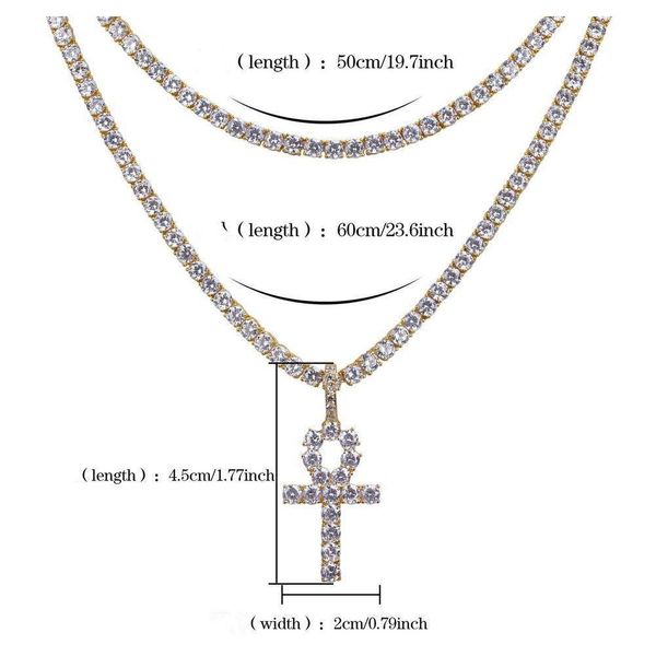 

hip hop iced out ankh cross pendant necklace 4mm tennis chain micro pave cz stone wmtpth footballshoe, Silver