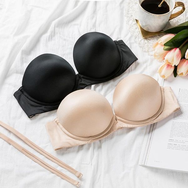 

women's seamless strapless bra padded push up bras no show lift multiway brassiere1, Red;black