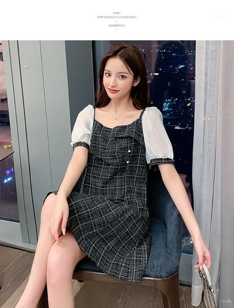 

french retro lattice stitching lantern sleeves first love bellflower sweet temperament dress fairy girl fashion1, Black;gray