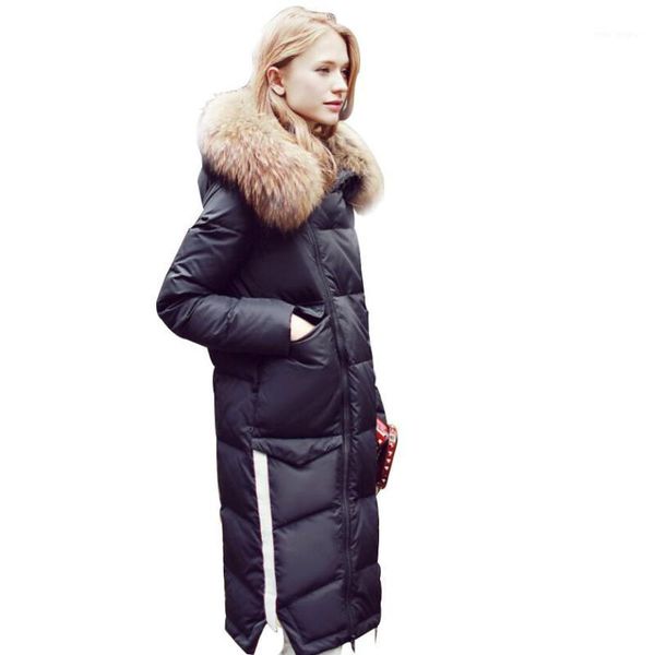 

women's winter down jacket long duck down coat female puffer jacket big raccoon fur collar jackets coats yy-005 kj30381, Black