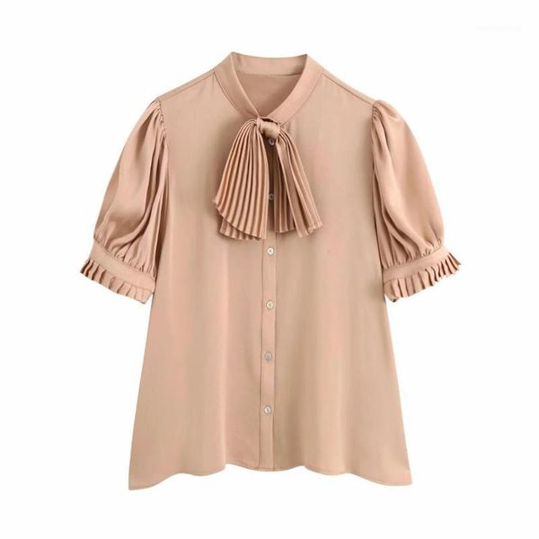 

women's blouses & shirts 2021 women shirt pleated bow short puff sleeves blouse vintage casual fashion female femme mujer blouse1, White