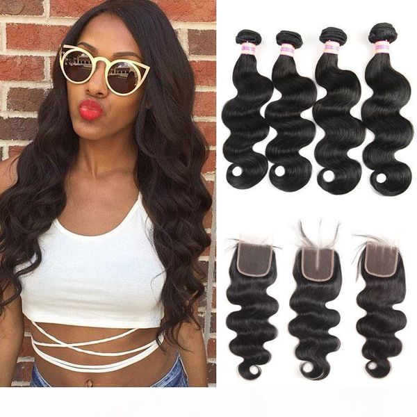 

brazilian body wave hair weaves bundles with closure brazilian virgin human hair lace closure unprocessed hair extensions, Black;brown