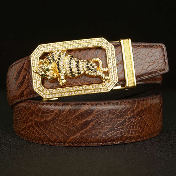 

cattle the zodiac: men's belt head layer of cow inlaid with diamond, automatic buckle leather belt, personalized crocodile, Black;brown