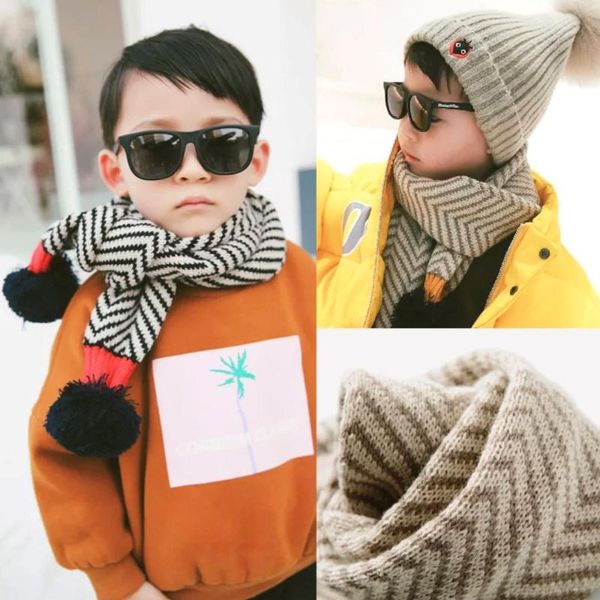 

autumn and winter children's scarf warm ball striped boys and girls middle small children korean woolen knitted warm scarf, Blue;gray