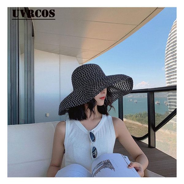 

wide brim hats summer large brimmed straw hat fashion versatile lampshade hat, hepburn style foldable sunshade sun block seaside, Blue;gray