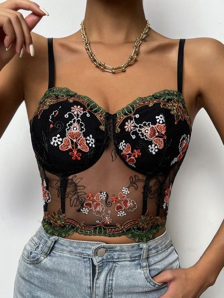 

floral embroidered mesh sheer cami r97z#, White
