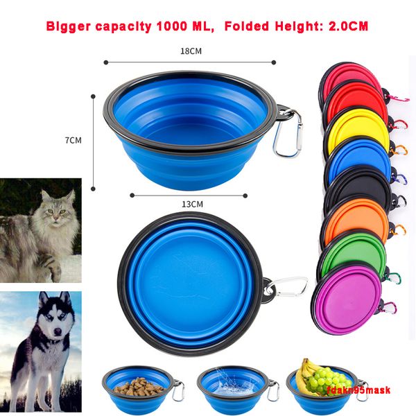 

1000ml travel collapsible dog cat feeding bowl two styles pet water dish feeder silicone foldable bowl with hook puppy pet folding bowls