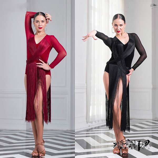

latest latin dance dresses for ladies 3 color tassel gauze s-xl skirt perform women feminine ballet square dancing clothes b056, Black;red