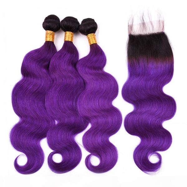 

#1b purple ombre hair bundles body wave indian human hair 3bundles with closure ombre purple wavy weaves with 4x4 lace closure 4pcs lot, Black;brown