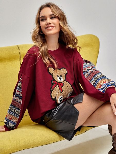 

drop shoulder geo pattern bear patched pullover m5pe#, White;black