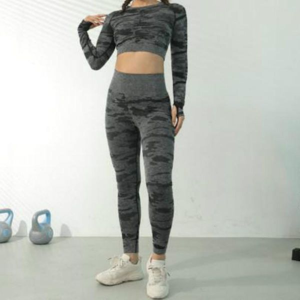 

yoga outfits camouflage long sleeve sports seamless workout clothes set high waist women's t-shirt clothing sportswear, White;red