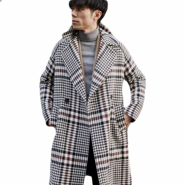 

men's wool & blends plaid winter fashion overcoat warm woolen thick double breasted loose long-length casual trench coat male jacket, Black