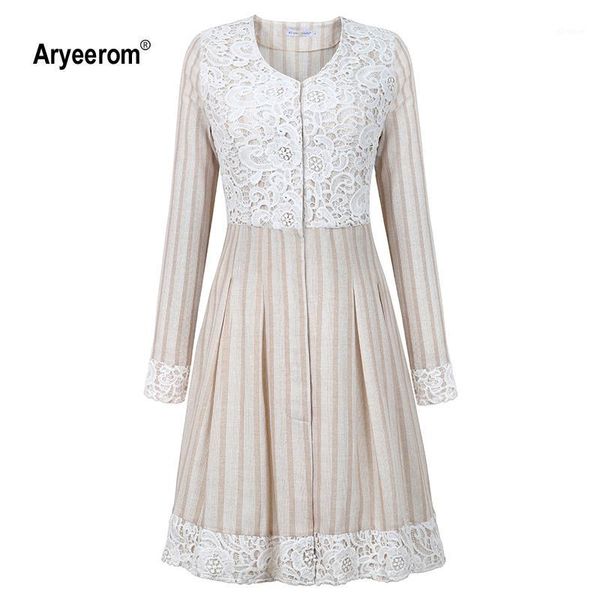 

women's striped lace stitching appliques embroidery button pleated long-sleeved long outwear fashion trench khaki1, Tan;black