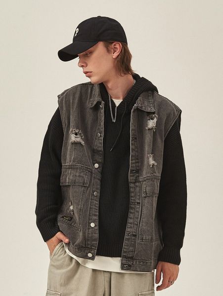 

extended sizes men ripped flap pocket vest denim jacket f6ub#, Blue