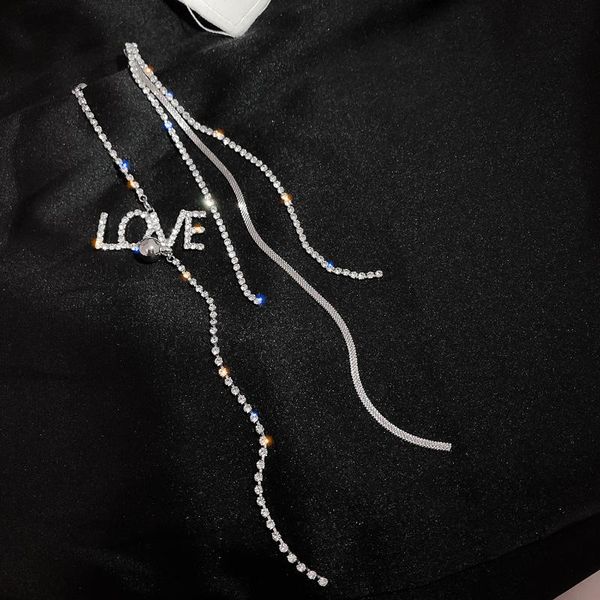 

TIMEONLY Asymmetric Love Letter Long Tassel Earrings for Women Mujer Shiny Rhinestones Chain Hanging Drop Earrings Brincos, Silver