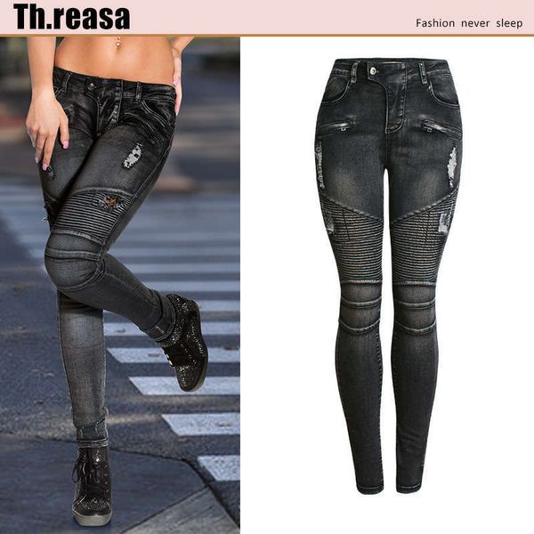 

wear broken hole slim elastic show thin women's jeans pencil small leg pants, Blue