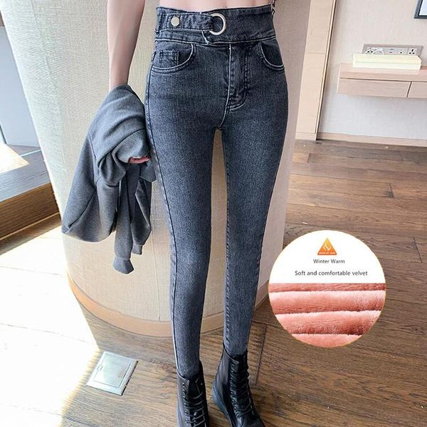 

women's jeans winter female high waist denim skinny warm for women mujer velvet pencil pants stretch pantalon femme, Blue