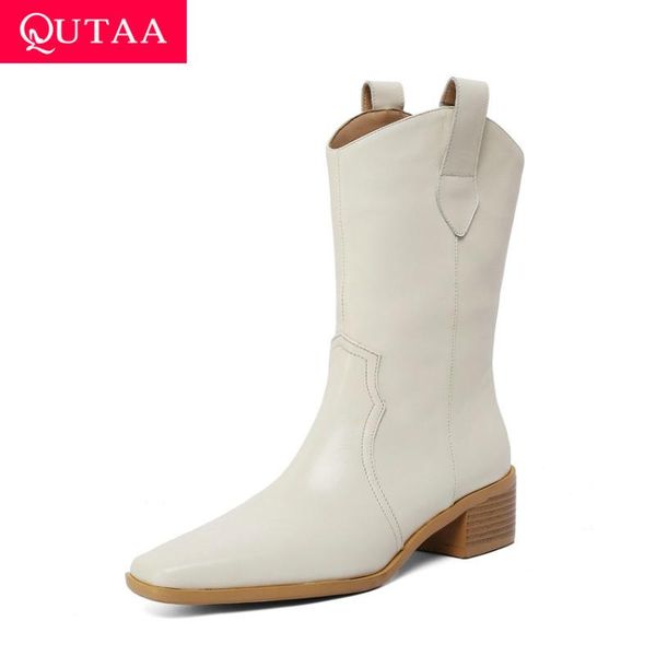 

qutaa 2021 autumn winter square heel mid calf boots cow leather slip on women shoes short boots size 34-39, Black
