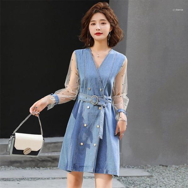 

korean fashion elegant dress spring summer sheer mesh denim dresses women long sleeve a line robe jeans dress robe femme11, Black;gray