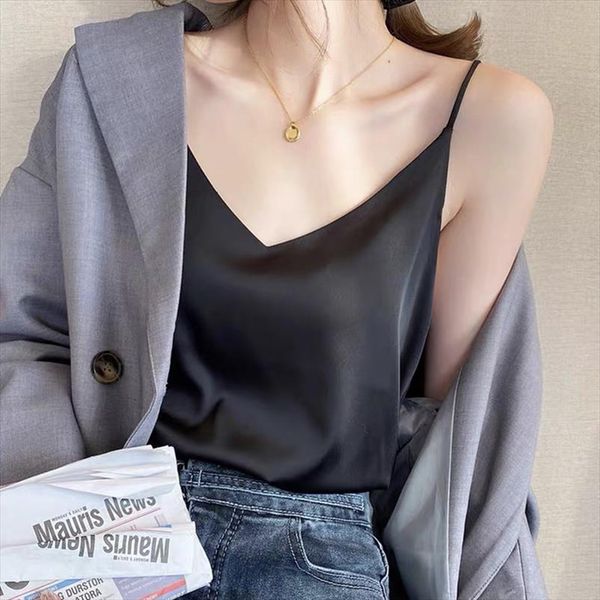 

tain top женщины шелковый холтер топ женщины летняя женщина v вырезы camis жилет корейский улица улица топы плюс размер сексуальные рубашки, White