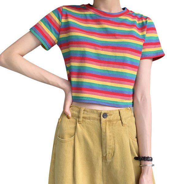 

women's fashion casual o neck raiow short sleeve pullover crop t-shirt, White